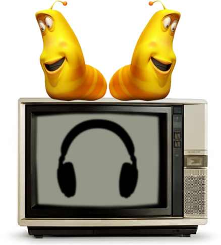 A retro television with headphones on the screen and bananas as antennas